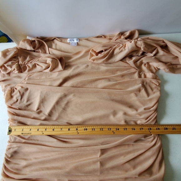 Venus Mesh Semi-Sheer Mini Dress Size 2X Bodycon Ruched Tan Stretch Pullover - Picture 10 of 15